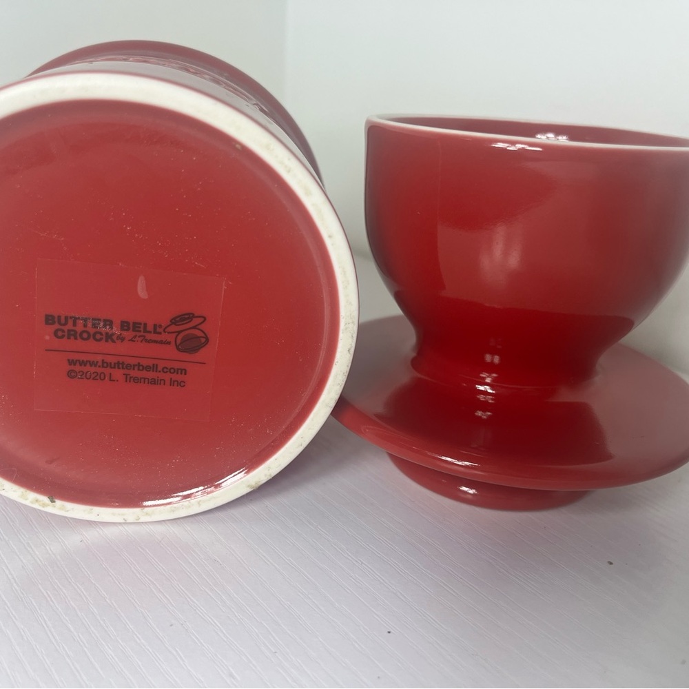 Butter Bell Crock Red French Butter Keeper Ceramic Countertop - Picture 7 of 10